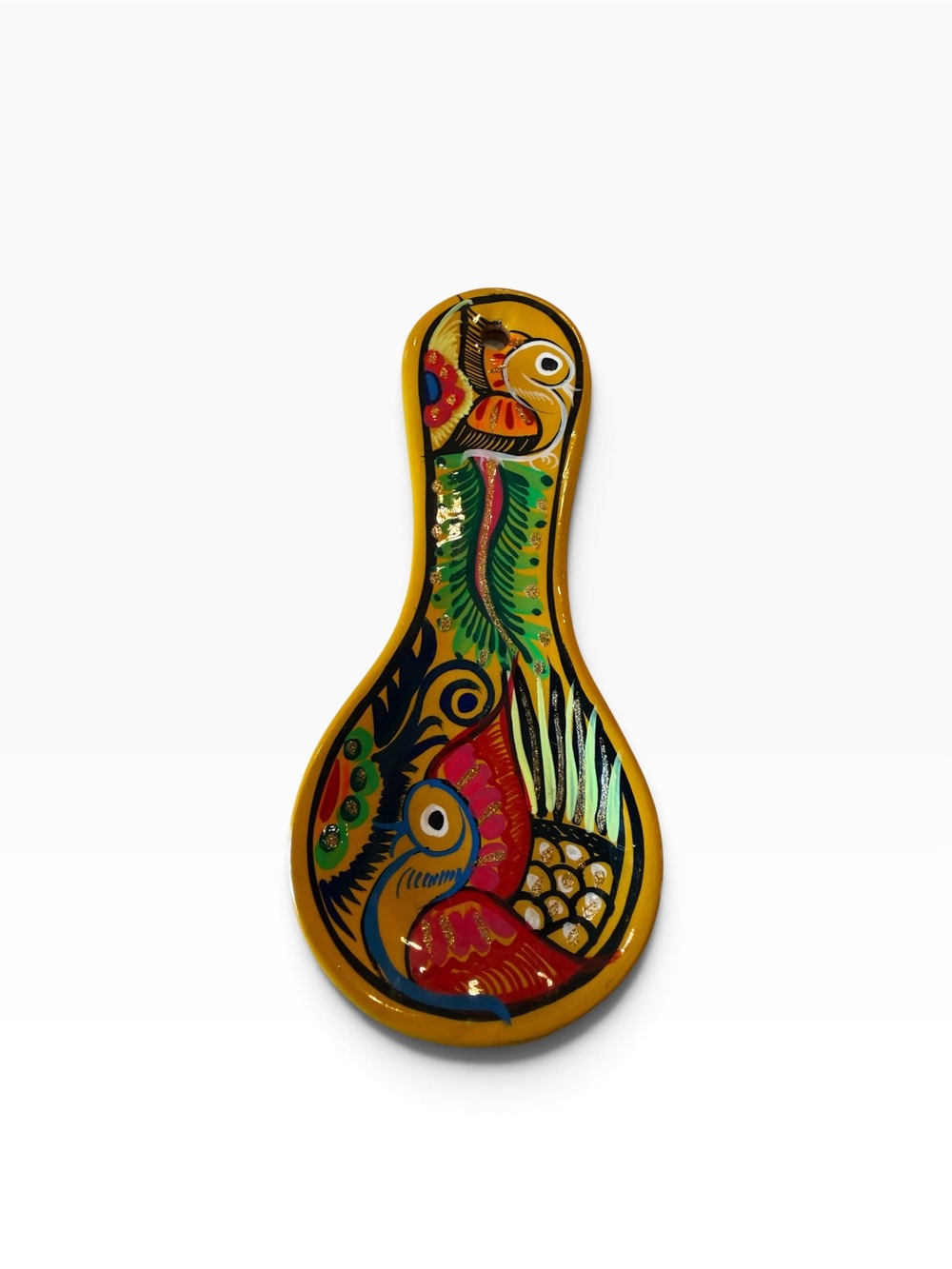 OOAK Myan Bird hand painted ceramic spoon rest Folk Art Utensil Rest